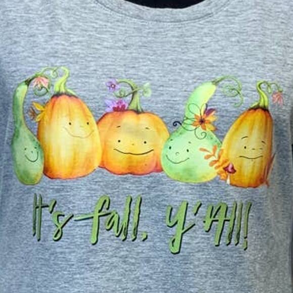 Hand Printed Upcycled Medium It's Fall Y'All Pumpkin Gourd Long Sleeve Tee - Picture 2 of 3